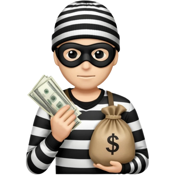 burglar with black and white striped shirt, black beanie, black mask over eyes, holding a moneybag emoji