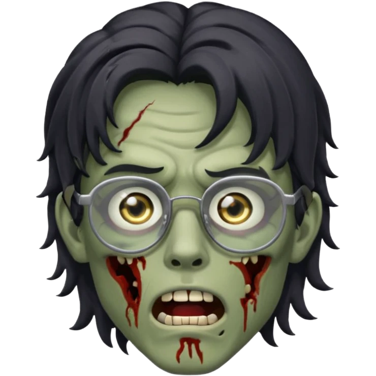 Faça um adolescente zombie com cara de assutado com cortes no rosto, com óculos é cabelos grandes ondulado preto, masculino  emoji