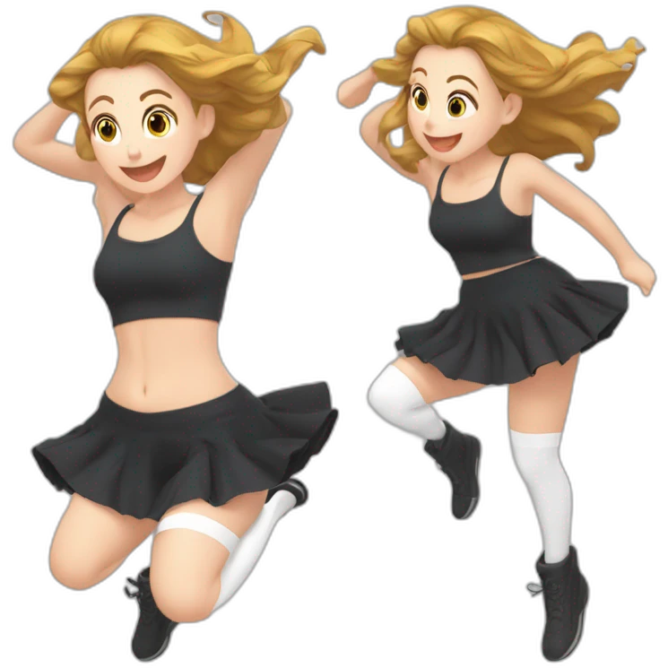 full-body-caucasian-curvy-beauty-jumping-short-black-skirt-back-and-front-views-strong-wind-knickers-long-white-socks emoji