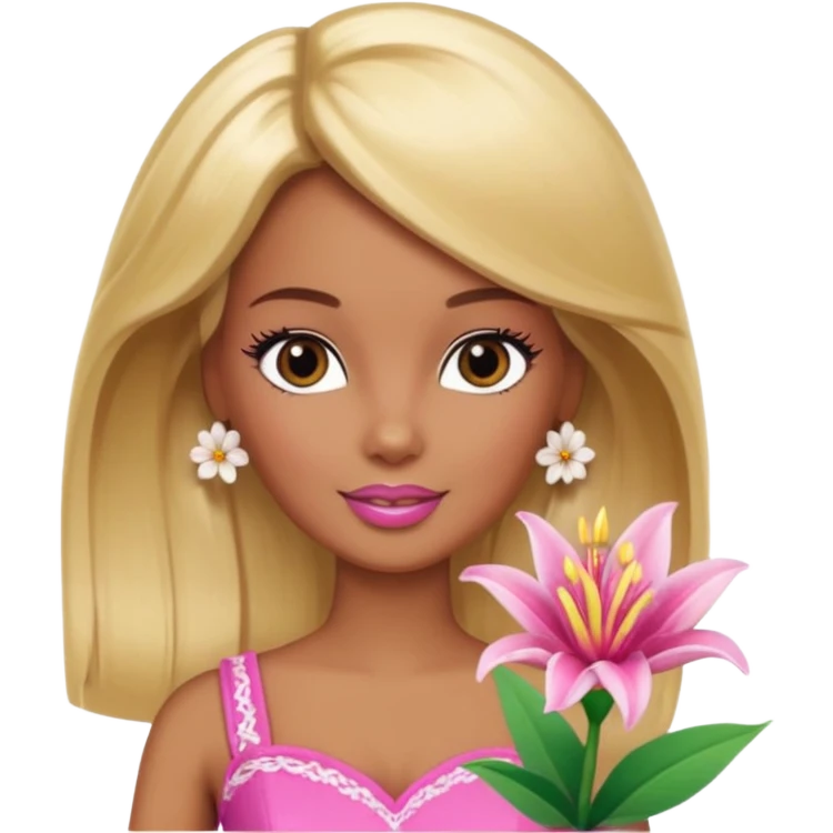 Brown skin blonde hair Barbie with flower Lilly in hair  emoji