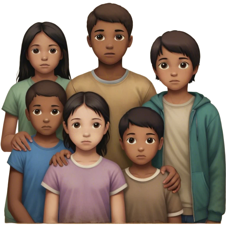 Two young children (a boy and a girl), along with four older siblings (three girls and one boy) in their late teens or early twenties. The older boy is an adult, while the others are still in their youth. They are portrayed as living in tough conditions, facing hardships together but maintaining a sense of family unity emoji