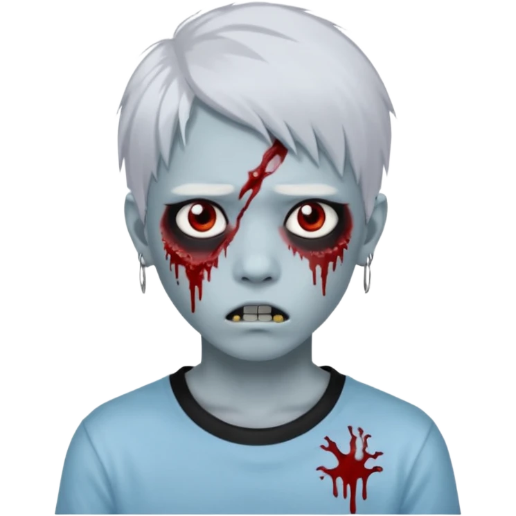 Create a 3D emoji-style avatar with very pale blue-grey zombie skin like the reference image, a young Asian face, and large eyes with blood tears. Give it white mullet-style hair, silver hoop earrings, and a simple black T-shirt. The expression should be neutral or slightly angry emoji
