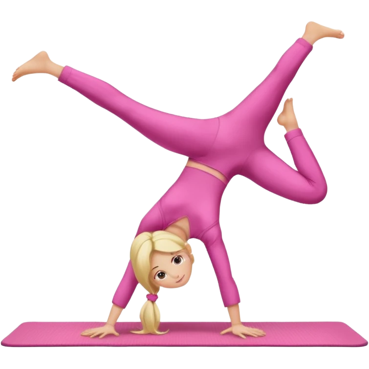 A fair-haired girl in a pink suit does a back bridge on a mat. two legs and a bridge to the other side emoji