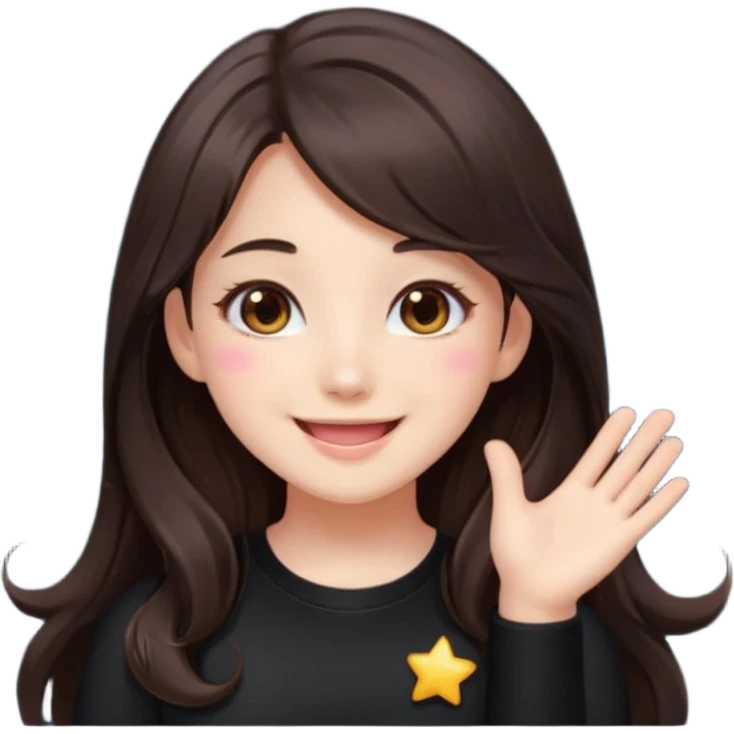 kawaii streamer girl, brunette, brown eyes, long dark hair, black outfit, smiling, sparkling eyes, blushing cheeks, happy expression, small stars around, emoji icon emoji