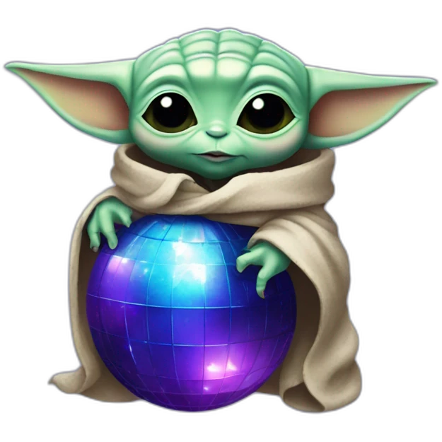 Baby yoda hugging a blue and purple disco ball emoji