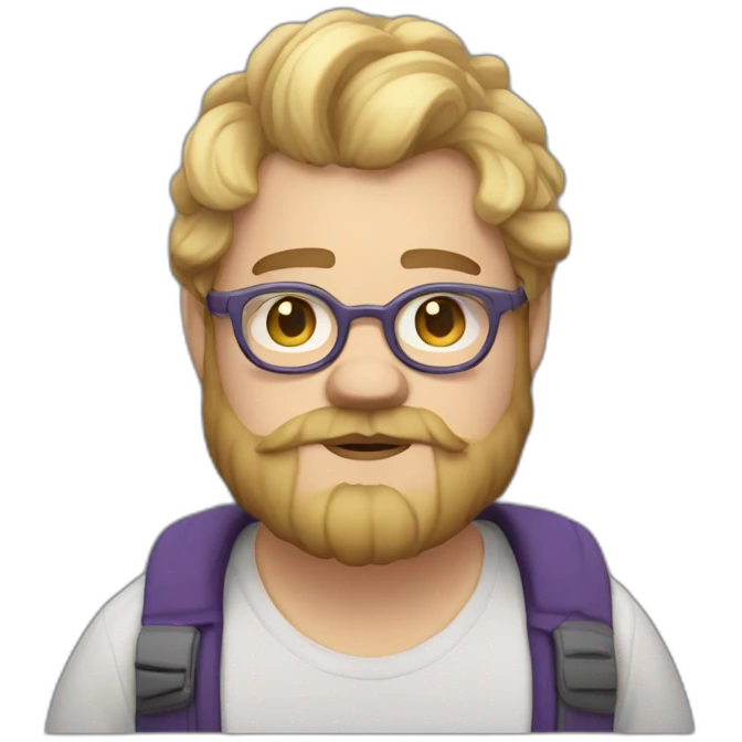 Chubby non binary Big lebowsky round glasses mid-lenght blond hair chaotic res beard vaporizer emoji