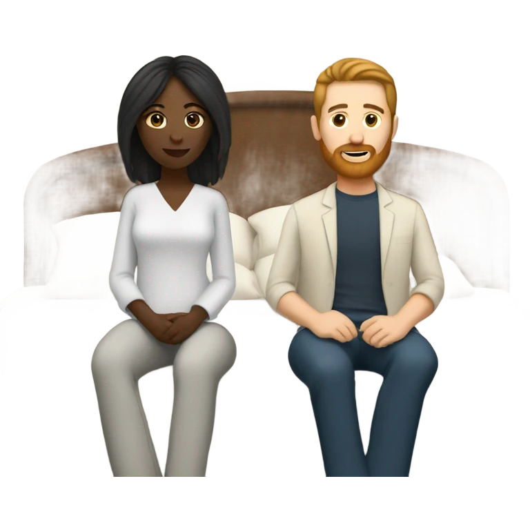Black woman with straight hair sitting in bed with white male with brown hair and beard  emoji