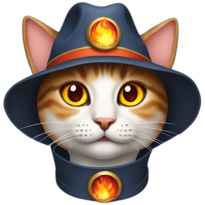 a cat wearing a hat with fire in it's eyes emoji