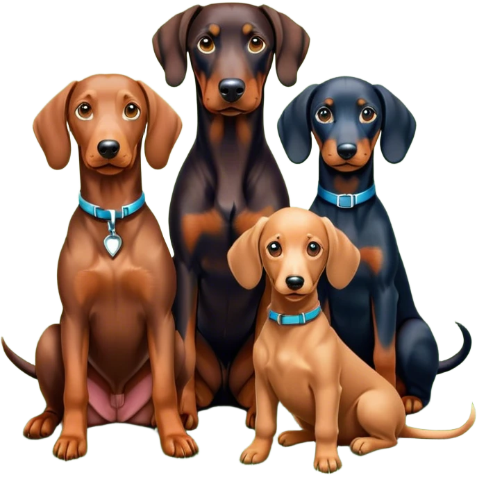 Close-up of a Doberman Pinscher, a Dachshund and a Poodle sitting together on lush green grass. The background features a beautiful, serene nature view with rolling hills and bright blue skies. The dogs' sleek coats shine under the sun. Transparent background. emoji