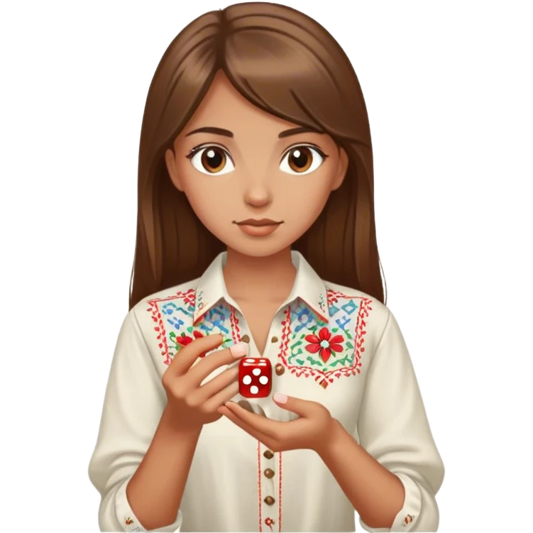 A Ukrainian girl with brown hair in an embroidered shirt holds a dice in her hand emoji