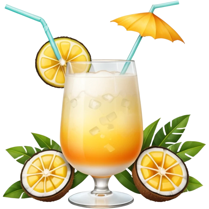 A beautiful cocktail with a creamy white to orange gradient, containing coconut juice and mango, reminiscent of summer. Above, there are tropical flowers, lemon slices, and a straws. emoji