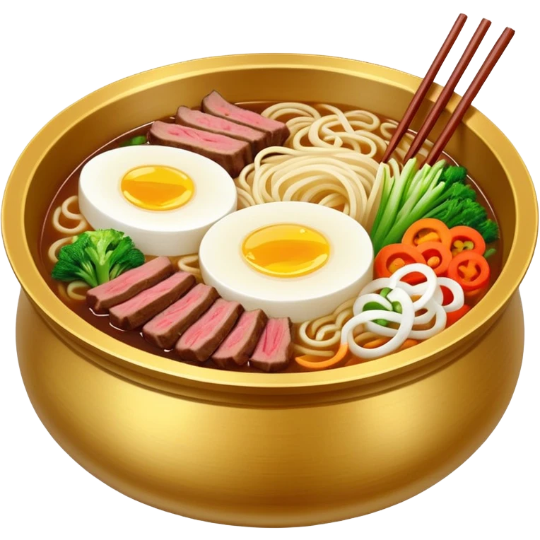 naengmyeon noodles with beef and vegetables in a golden bowl emoji