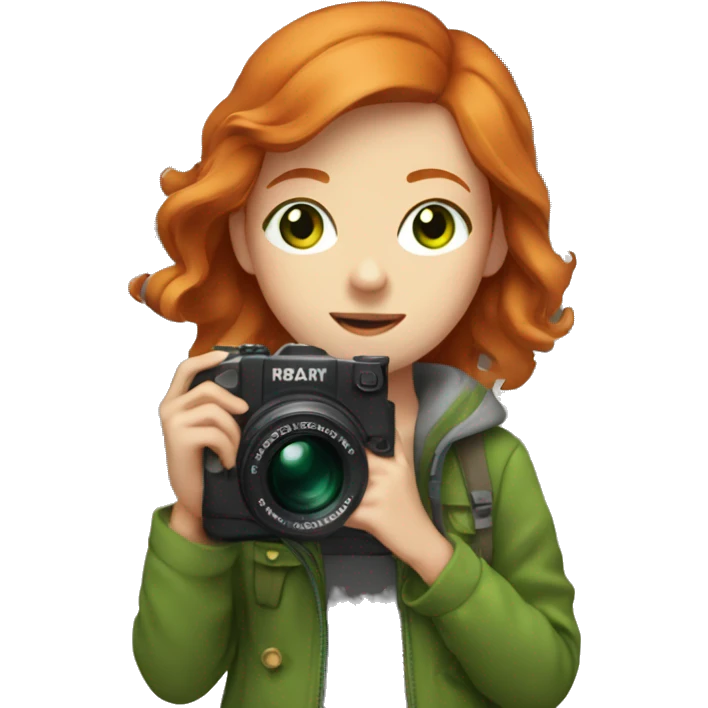 Girl with ginger hair,green eyes,wearing camera,surrounded with architecture emoji