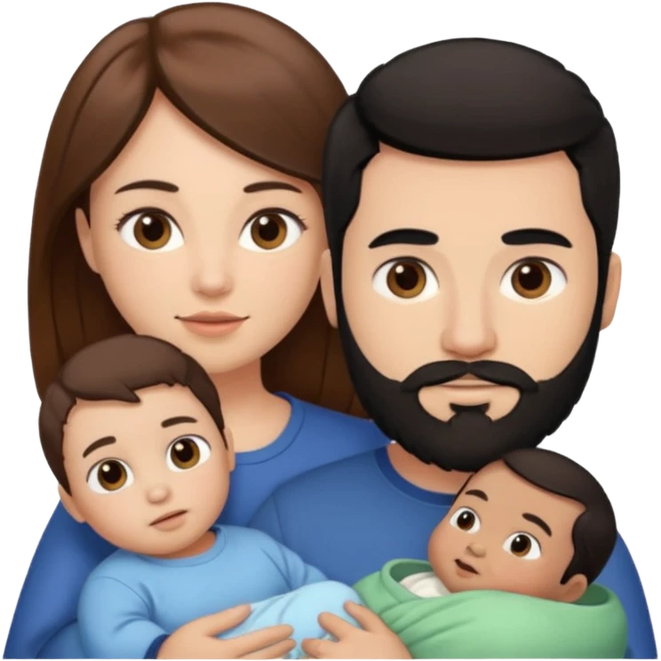 Una mujer con pelo castaño y ojos marrones y un hombre con pelo negro y barba y un bebe emoji