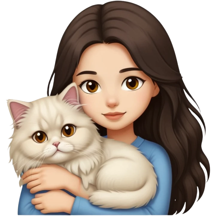 pretty girl with DARK long hair hugging her light hair fluffy persian cat  emoji