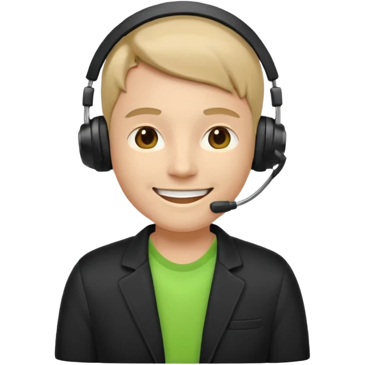 A modern flat emoji depicting a call center employee wearing a light green T-shirt and black jacket, with a headset, a friendly expression, a minimalist design, bright colors, and a white or transparent background. emoji