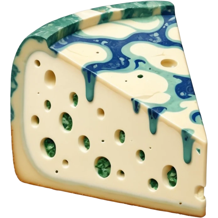 thick wedge of gorgonzola cheese with creamy off-white interior richly veined with blue-green mold, moist and slightly oozing near edges, natural beige rind, soft texture, irregular marbling, bold tangy character, apple emoji style, soft lighting, subtle shadows, transparent background, emoji scale emoji