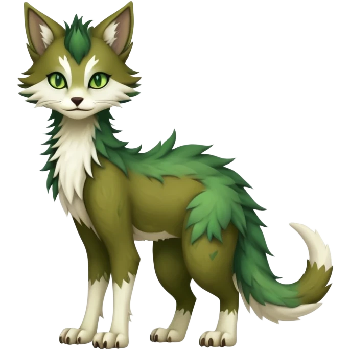 Kawaii dark edgy brown beige white fantasy ethereal feline-vernid-sergal-fursona animal creature with a tufted tail full body with intricate markings, hazel-gold-green eyes emoji