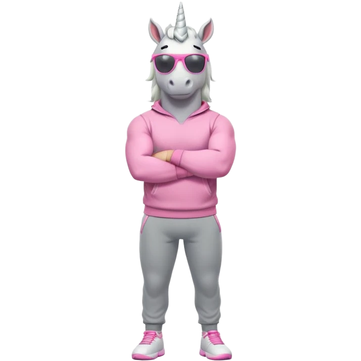 friendly anthropomorphised male white unicorn with a fit, chunky, muscular and strong physique, arms and legs matching the white of the head, wearing grey tracksuit pants and pink jumper, sunglasses, standing with arms folded emoji