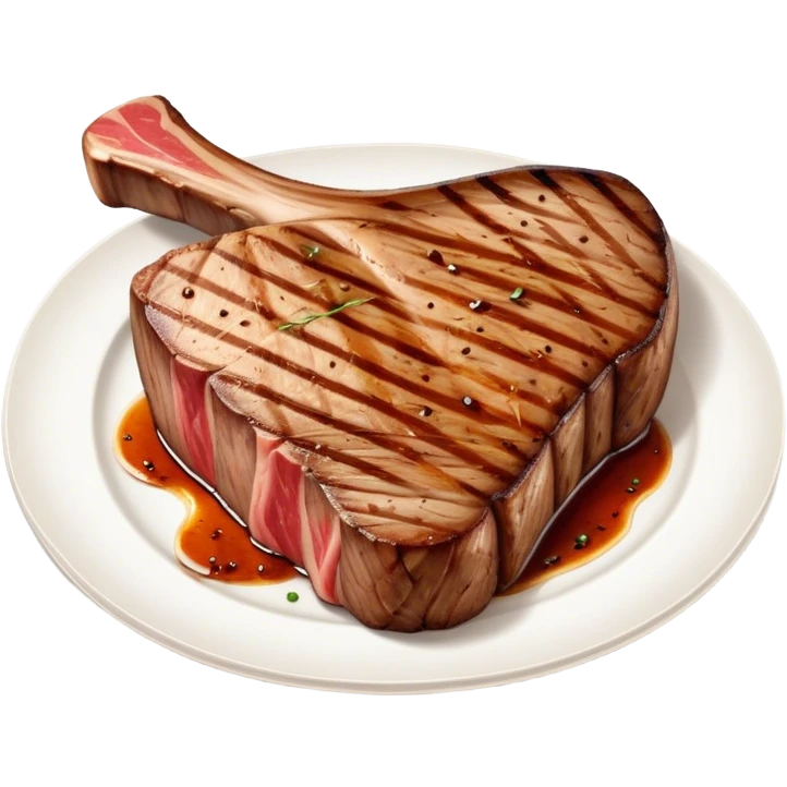 Cinematic thick-cut t-bone steak, perfectly seared with grill marks, a grilled center, rich and savory, warm glow, sizzling and mouthwatering, highly detailed and appetizing. emoji