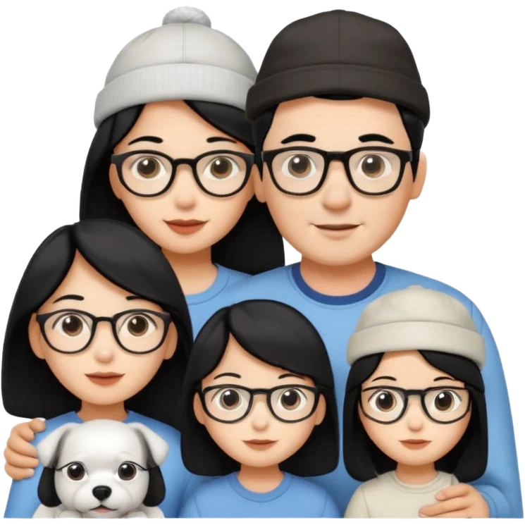 Mom black hair with glasses, Dad black hair with cap, Daughter black hair with glasses, white Dog emoji