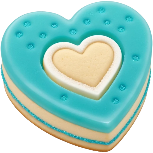 Realistic shortbread cookie in the shape of a heart with Tiffany blue color jelly middle filling and sprinkled powder sugar on top. emoji
