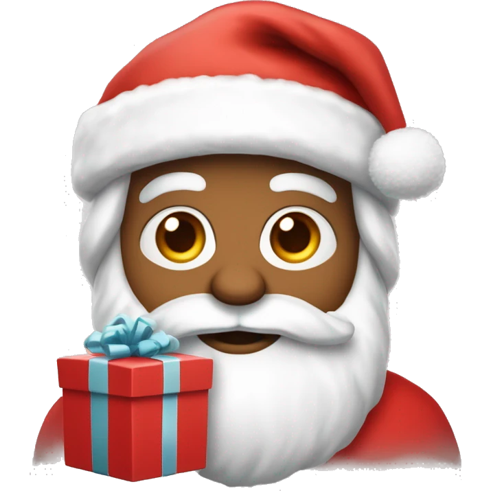 “An adorable full-body Santa in a red suit, fluffy white beard, rosy cheeks, big eyes, and a red hat with a white pom-pom, holding a small gift.” emoji