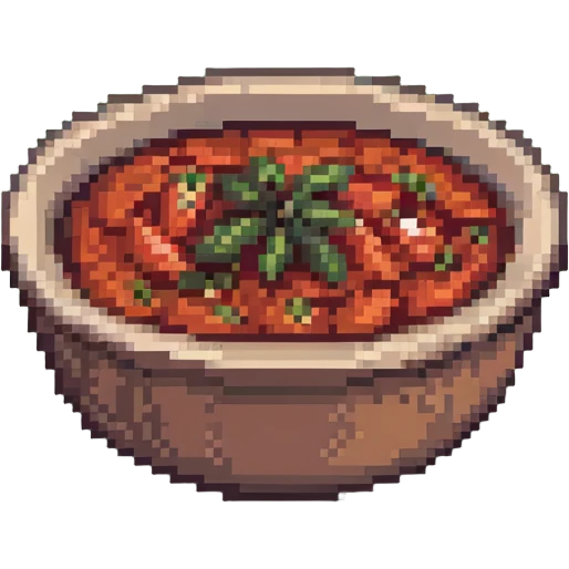 pixel art bowl of red tomato chutney with garlic emoji
