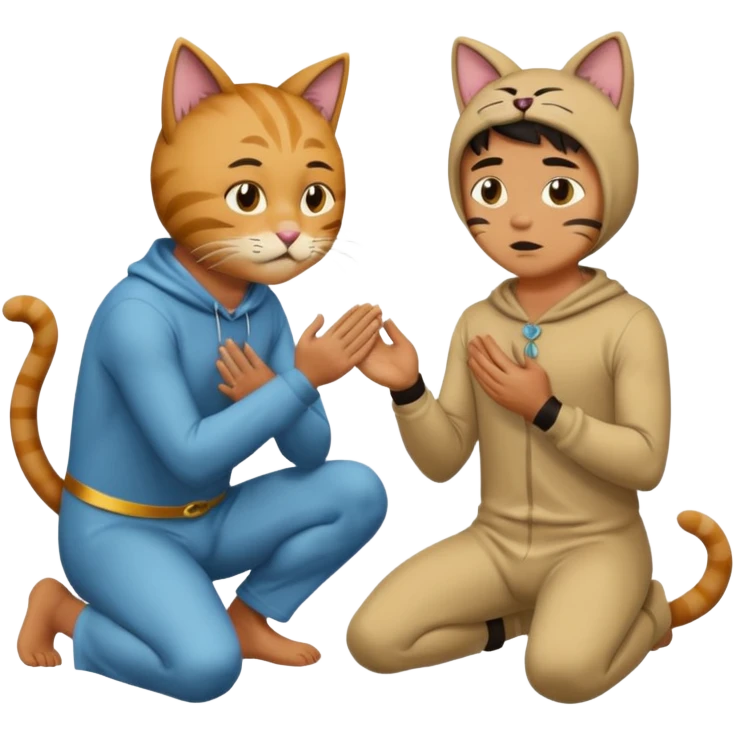 a man begging on his knees i front of another man wearing a cat costume  emoji