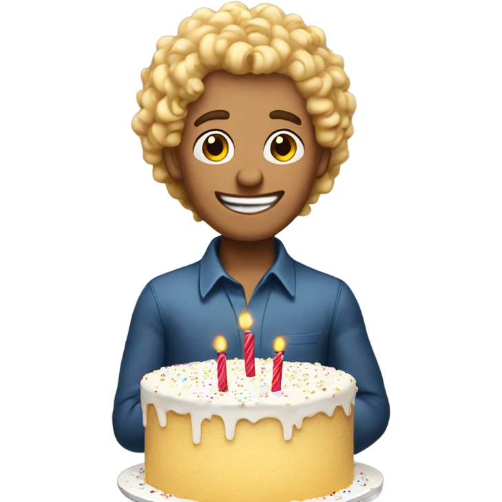 Blonde curly headed man standing over a birthday cake emoji