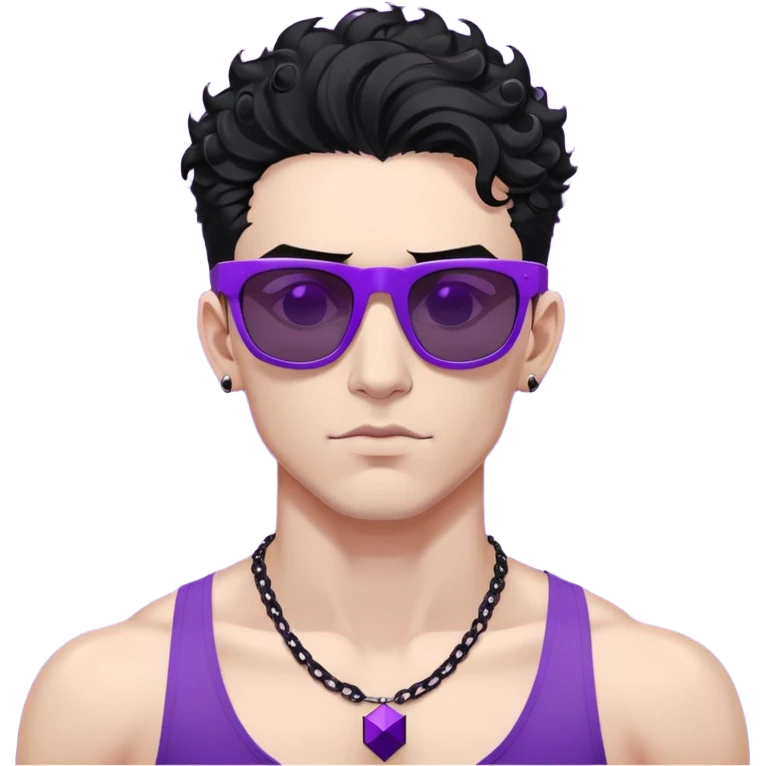 shirtless male athlete with white skin and moderately curly black hair on top with shaved sides, wearing sharp angular geometric purple sunglasses with very dark heavily tinted black lenses, and a simple plain black chain necklace, no earrings emoji
