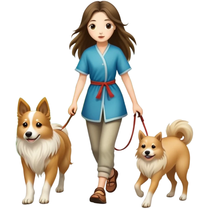 A long-haired girl walking a Chinese rural dog emoji