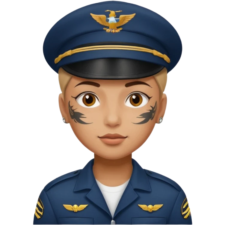 Young, wearing pilot uniform include hat, full tattoo on face emoji