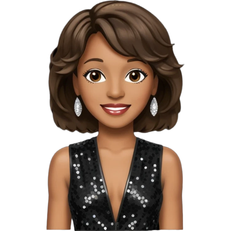 Whitney Houston with dark brown hair, black sequin jumpsuit emoji