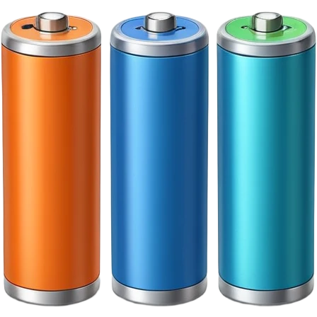 pair of cylindrical batteries with metallic tops and colored bands (orange, blue, or green) to indicate charge, positioned side by side or slightly angled, visible terminals, clean minimal design, no packaging, charger, or device, soft lighting, subtle shadows, emoji scale emoji