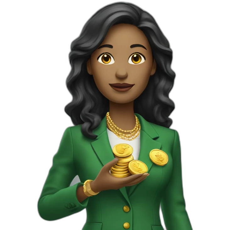 Posh-woman-with-green-suit-holding-golden-coins emoji