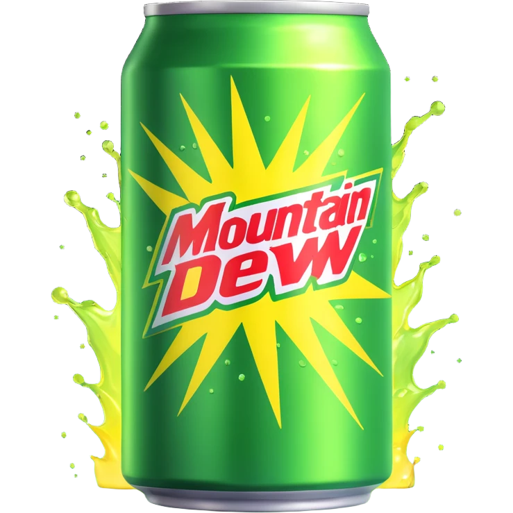 a can of Mountain Dew, vibrant and energetic, green and yellow colors, with sunshine rays bursting out when opened emoji