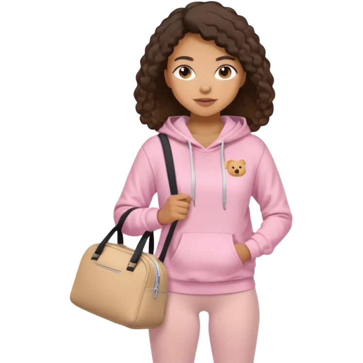 Mixed-race athletic woman with caramel skin, wearing baby pink hoodie and leggings, carrying a beige gym bag emoji