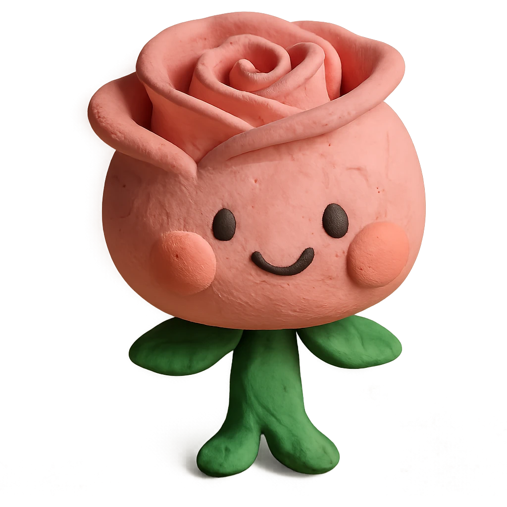 claymation chibi rose character, tiny stem body, oversized head, soft pastel pink, super cute puffed cheeks, happy face emoji