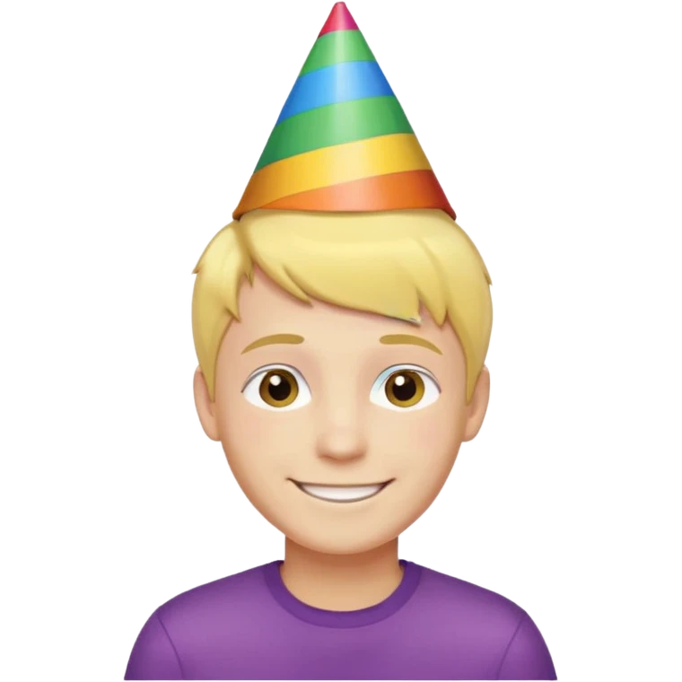 Young man, short yellow hair, rainbow birthday hat, happy emoji