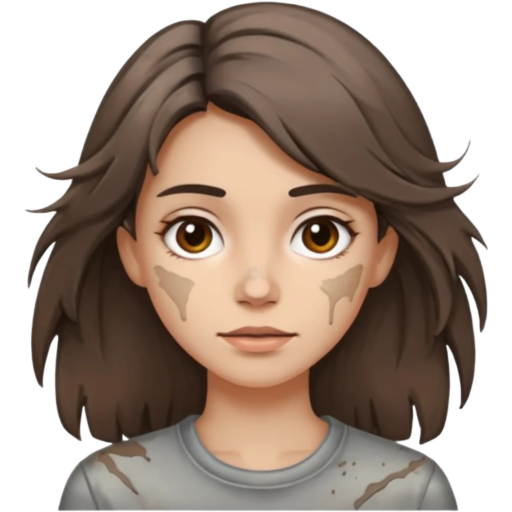 very dirty looking homeless woman very very dirty and smelly looking face only, not old with grey smudges everywhere and messy hair and lots of stains on face ugly,  emoji