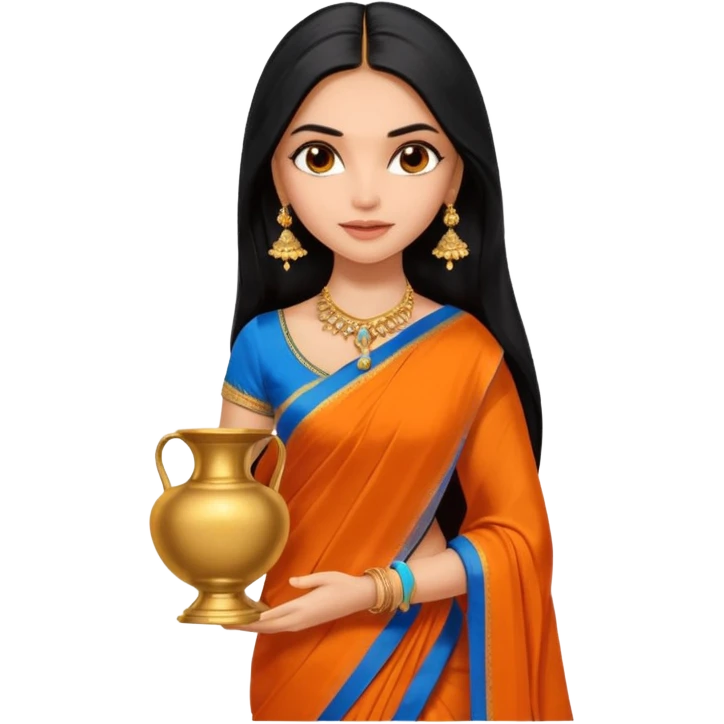 generate a pretty bratz Deepika Padukone with long black hair middle parted.
Wearing an orange saree with a blue blouse, golden jhumkas
SHe shoudl look like deepika padukone. dark brown eyes and carrying an urn emoji