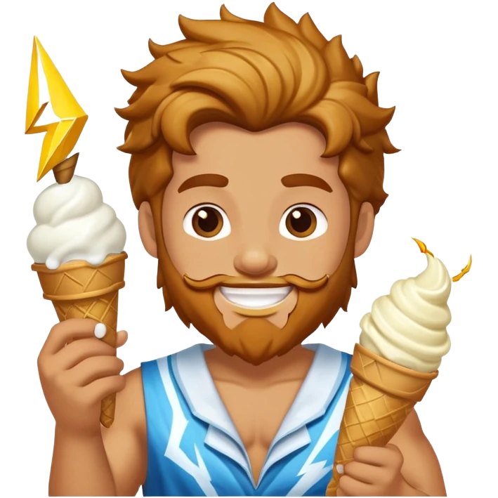 Zeus in vest smiling eating white ice cream holding lightning bolt emoji