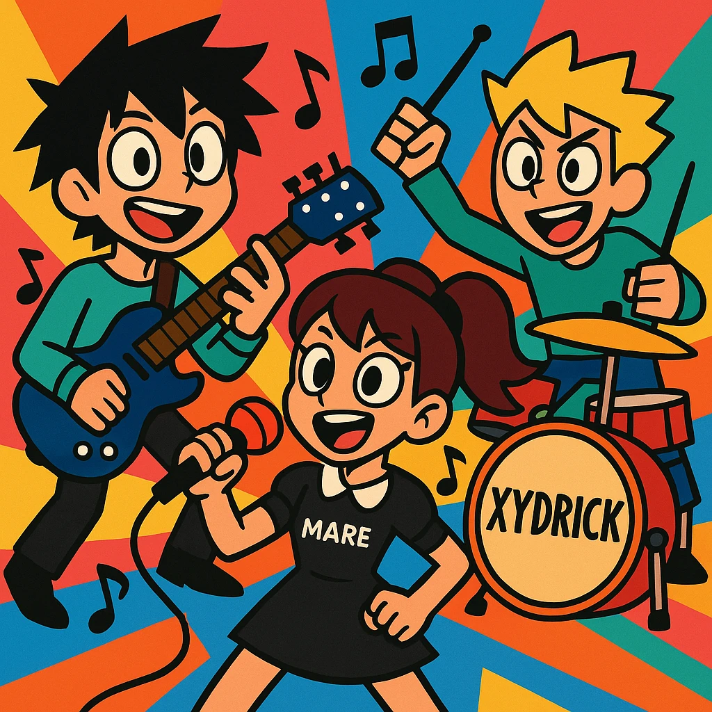 Maretu and Xydrick as stylized characters, energetic and dynamic poses, vibrant colors, musical theme emoji