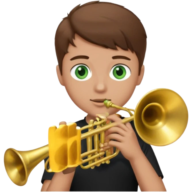 young man with brown hair that goes up, green eyes who plays a trumpet, black t shirt emoji