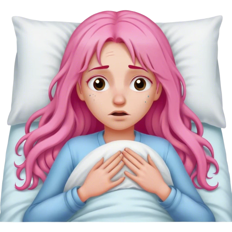 Young Woman with long pink hair In bed with sinus pain  emoji