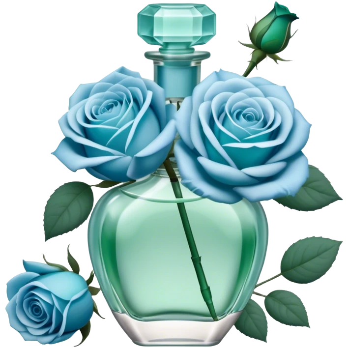 Aesthetic composition of soft blue roses with a vintage-style green  perfume bottle.
 emoji