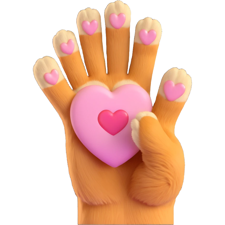 close-up of a single cat paw performing Korean finger heart gesture with two paw fingers forming heart shape, soft beige and light brown fur, gentle pastel tones, warm lighting, soft friendly cute style, minimal clean background emoji