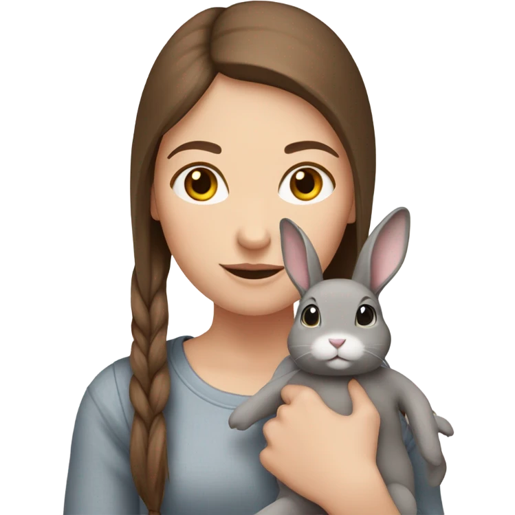 White girl with straight brown hair holding a grey bunny  emoji