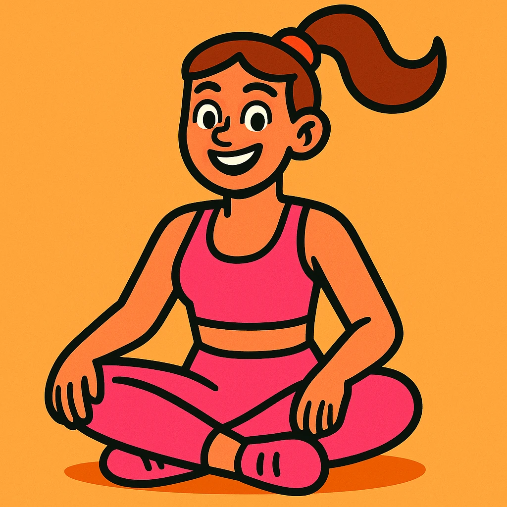 woman sitting cross legged in a pink workout set, vibrant toon style, cheerful expression emoji